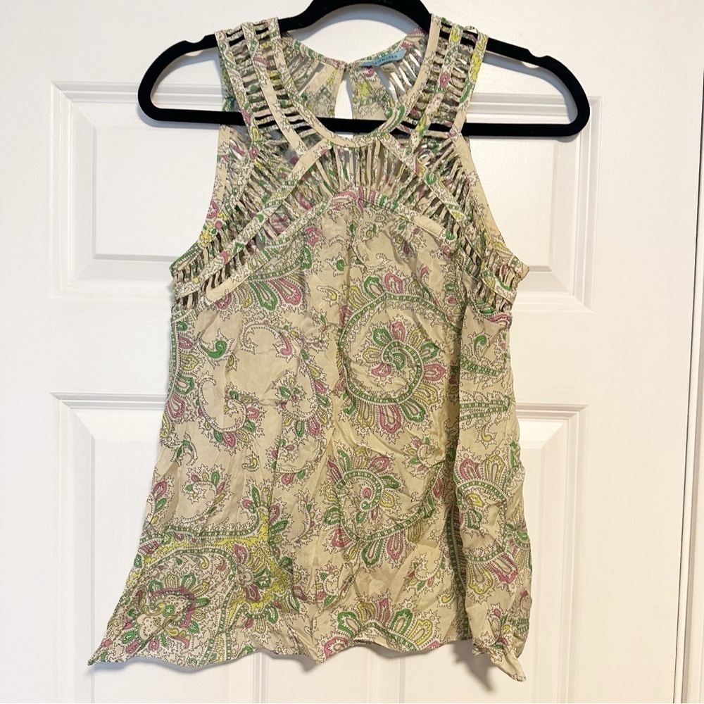 Anthropologie Cream Paisley Crochet-Trim Sleeveless Blouse